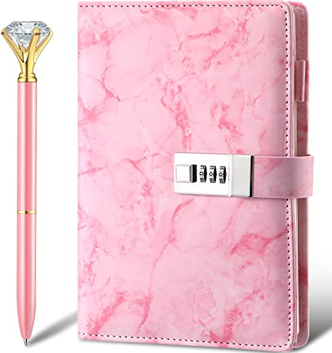 Tagebuch mit Schloss Marmor PU Leder A5 Tagebuch Kombination Schloss Geheimes Personal mit Diamant Stift für Mädchen Frauen Jungen (Rosa)