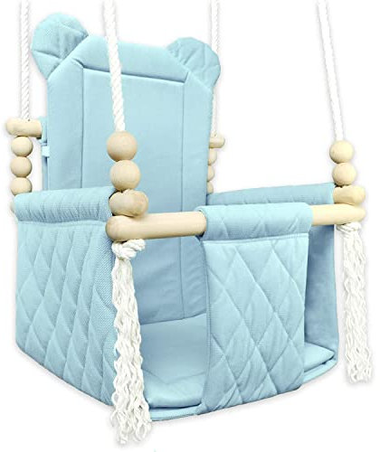 Schaukel für Baby Kleinkind Kinderschaukel Holzschaukel Schaukel Gestell Holz Baumwolle Stoffschaukel blau Kinderspielzeug Haus Garten Sitz Kleinkind Baby ab 9 Monaten