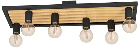EGLO Deckenlampe Consett, 6-flammige Deckenleuchte, Deckenbeleuchtung | Nature, Vintage, Industrial, FSCM70HB, Wohnzimmerlampe aus schwarzem Stahl und Holz, Lampe Decke mit E27 Fassung