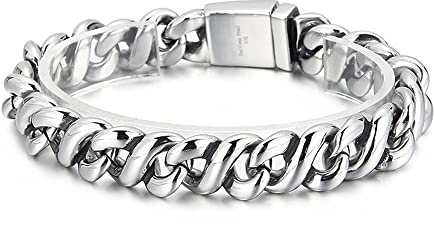 Qiaonitu Pulseras de acero inoxidable pesado de 14 mm para hombre, color plateado, estilo punk, eslabones cubanos, pulseras de cadena de eslabones