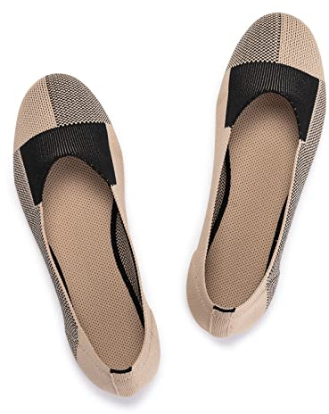 Frank Mully Ballerines Plates à Enfiler en Tricot pour Femme - Escarpins à Bout Rond, Kaki, 40 EU