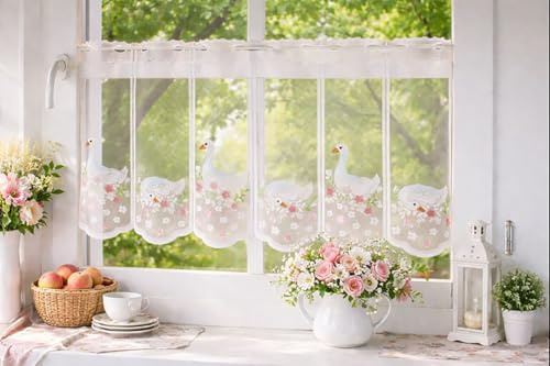 KAMACA Bistrogardine Kürzbare Scheibengardine Küchengardine mit Gänse-Motiv – Transparenter Kurzstore -Lichtdurchlässiger Sichtschutz Individuell anpassbar (HxB 50x90 cm Gänse – Marsch)