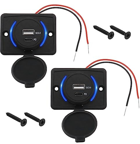 ECSiNG Lot de 2 chargeurs de Voiture USB de Type C avec Capuchon Anti-poussière Double Port QC3.0 USB et PD Type C 12-24 V 18 W Panneau de Prise de Charge Rapide pour Voitures, Camping-Cars, Bus