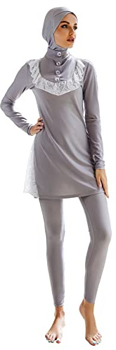 IWEMEK Burkini Damen Muslim Ganzkörper Badeanzüge Langarm Schwimmkleid + Bade Leggings Schwimmhose + Hijab 3tlg Sonnenschutz Bademode Islamische Schwimmanzug Arabisch Badebekleidung Grau 03 XL