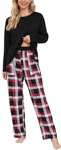 Lovasy Pigiama Donna Cotone Invernale Set Pigiama Due Pezzi | Pantaloni a Quadri Casual Scollo a Rotondo Top Indumenti da Notte a Maniche Lunghe