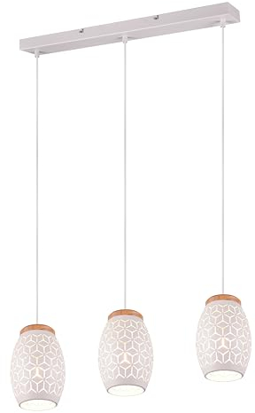 Reality Leuchten Bidar R31573031 - Lampadario a sospensione, in metallo bianco opaco, legno naturale, non incluso 1 x E27