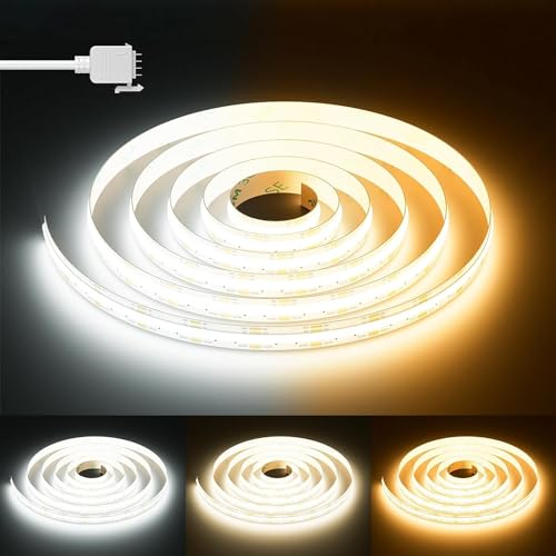 GINGSOW COB LED Strip White CCT Tunable 10m, 6400LEDs CRI93+ Dimmable 2700K-6500K 24V LED Tape Lights Kit for Under Cabinet Bedroom Kitchen TV Mirror DIY Lighting(Strip ONLY, Without Mains and Remote)