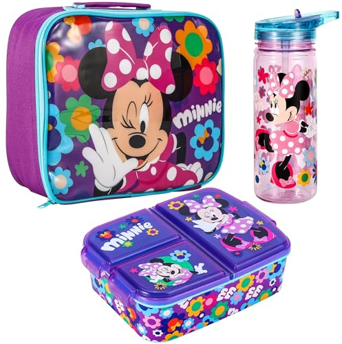 Zawadi Global Minnie Mouse Kids Childrens Lunch Box Set – Insulated Lunch Bag, Multicompartment Lunch Box & 540ml Water Bottle - School Travel Lunch Food Set, BPA Free