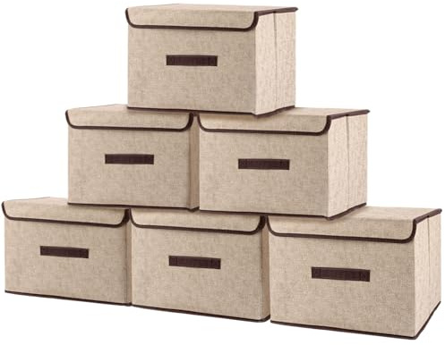 YAYODS 6 Stück Aufbewahrungsbox Stoff - 36x23x24cm Boxen mit Deckel Aufbewahrung - Boxen Aufbewahrung Faltbare - Storage Boxes Beige Waschbare Aufbewahrungskiste mit Griff für Kleidung, Socken