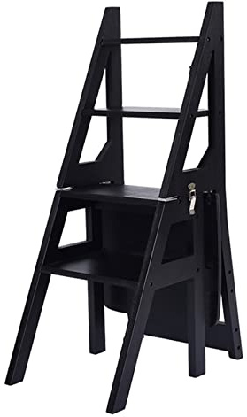 Step Ladders Solid Wood Folding Library Ladder Chair 4-Step Stool Dual Purpose Stepladders - Foldable Step Chair Climb Step Flower Stand