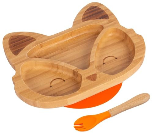 Tiny Dining 2pc Orange Bambus-Fuchs-Baby-Entwöhnungsteller & Gabelsatz - Hölzern Geteilt Kleinkind Kinder Essen Fütterung Tablett - Silikon Saugnapf