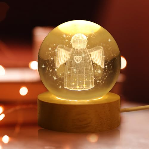 APODESS Schutzengel Geschenk LED Glücksbringer Engel Kristallkugel Nachtlicht Taufgeschenke Jungen Mädchen USB 3D Glücksengel Kismet Angel Schneekugel Engel für Kommunion Taufe Weihnachten Patenkind