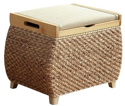 Preferspace Ottoman-Couchtisch mit gewebtem Rattan-Akzent, Ottoman-Couchtisch, Bank mit Stauraum, gepolsterte Poufs für das Wohnzimmer mit Beinen aus Massivholz