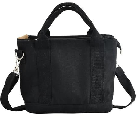 Amexo Canvas Tasche Damen - Canvas Tragetaschen Handtasche - Canvas Handtasche Damen mit Reißverschluss - Für Alltag, Schule, Einkaufen, Arbeit, Reisen - Schwarz - 23x15x21 cm