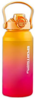 Kuketo Trinkflasche 2l Sport Wasserflasche mit Strohhalm und Früchtebehälter und Zeitmarkierungen Auslaufsicher BPA-Frei Sportflasche für Fitness Outdoor Schule Orange-Rosa