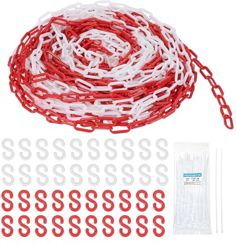 sourcing map Kunststoffkette, 61 m, Sicherheitskette, rot, weiß, Kunststoff-Kettenglied-Barriere mit Kabelbindern und S-Haken für Menschenmengenkontrolle, Warteschlangenschnur, Zaundekoration