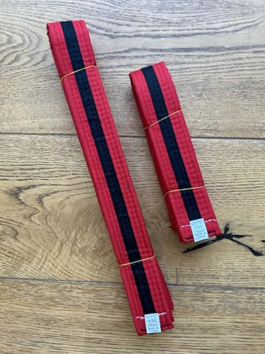 MARTIAL ARTS STRIPED BELTS Kids & adults, KARATE, TAEKWONDO, JUDO, KICKBOXING, BELTS 150cm & 280cm (Red Bely, Black Stripe, 150cm)