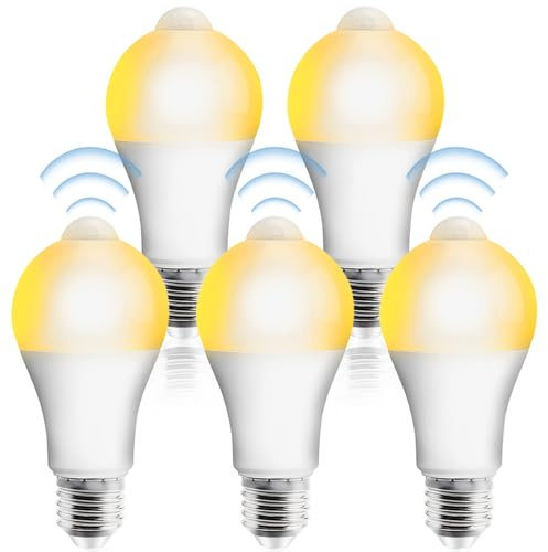 5er Set E27 LED Glühbirne mit PIR-Bewegungsmelder, 12W Warmweiß 2700K, Nicht dimmbar, 120° Abstrahlwinkel, 1100 Lumen, 80Ra, Lichtsensor, Energiesparlampe für Flur, Garage, Treppe, Balkon