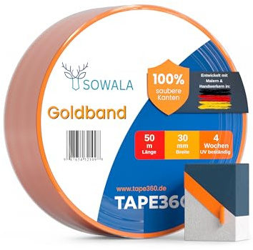 sowala Goldband Malerkrepp 30mm x 50m für scharfe Farbkanten - 3 Rollen | 30 Tage UV-beständig - dünnes Washi-Papier für präzises Abkleben innen und außen