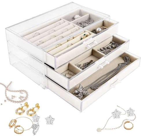 YAYODS Schmuckaufbewahrung Acryl 23,5x13,2x11cm - 3 Schubladen Schmuck Organizer - Schmuckschatulle Beige - Ohrring Aufbewahrungsbox Schmuckkästchen für Ohrringe, Ringe, Jewellery