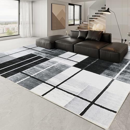 OMERAI Großer Karo Teppich 160x230cm, Schwarz Grau waschbarer Kurzflor, Antirutsch für Wohnzimmer und Schlafzimmer, strapazierfähiger Esszimmerteppich für Fußbodenheizung