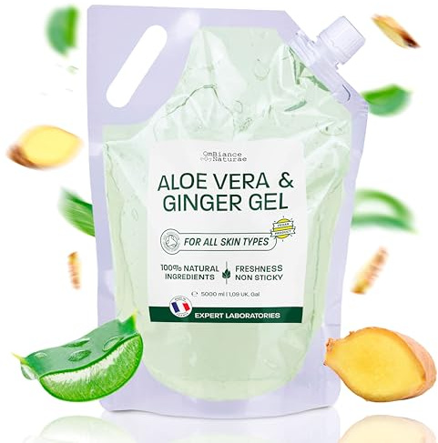 Gel Aloe Vera & Zenzero – Idratante, Tonificante e Rassodante – Con Aloe Fresco Biologico da Spagna – Per Viso, Corpo, Capelli – Doposole, Post Rasatura, Gambe Pesanti – Prodotto in Francia 5000 ml