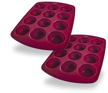 coox Muffin Moments – Juego de 2 moldes para magdalenas – 12 bandejas de silicona para magdalenas con función plegable – antiadherente, sin BPA, ahorra espacio, color rojo oscuro