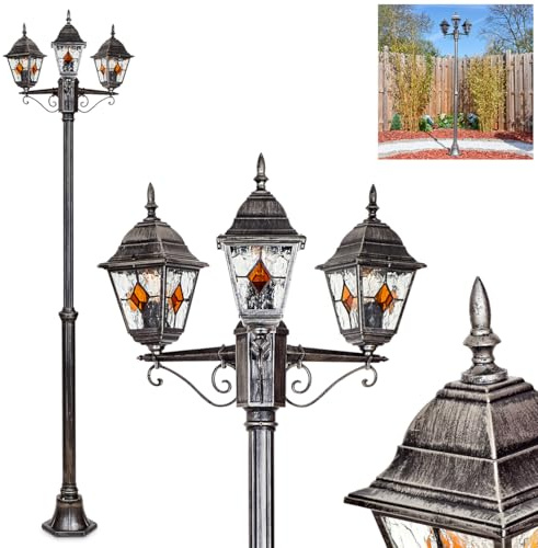 HOFSTEIN Kandelaber Naofe, Außenwegeleuchte aus Metall/Glas in Schwarz/Silber/Klar/Orange, Wegebeleuchtung 220 cm, 3 x E27, IP44, Wegeleuchte im Vintage-Design für Garten, Außenbereich, Hof