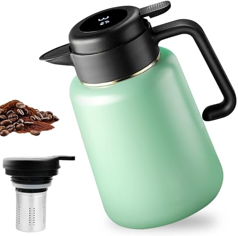 Thermoskanne 1,8 L Isolierkanne, Kaffeekanne Thermo mit Teesieb, Teekanne Thermo mit Temperaturanzeige, gut abgedichtet Kaffeekanne, Edelstahl Isolierkanne Mit Griff Für Tee Kaffee Milch