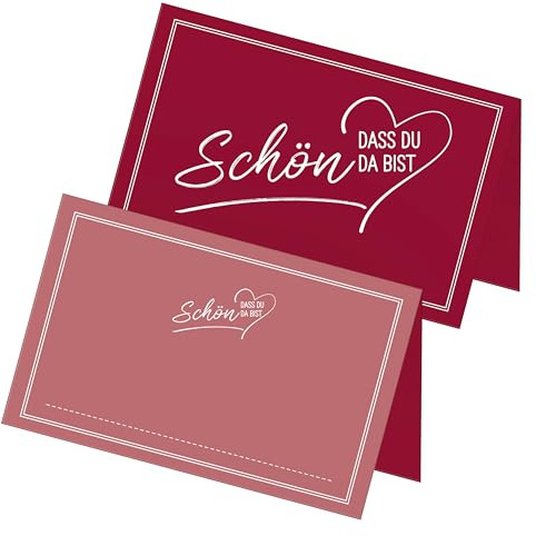 itenga 48x Tischkarten „Schön, DASS du da bist“ V2 – Platzkarten Namensschilder – 9 x 5 cm – ideal für Hochzeit, Taufe, Geburtstag, Feier – 13 Farben verfügbar (Bordeaux rot)