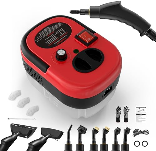 Pulitore a Vapore, vaporetto da 2500 W, Serbatoio di Grande Capacità da 1200 ml, Steam Cleaner Portatile con 3 Spazzole, Pulitore a Vapore per Auto per Finestre, Cucina, Bagno - Rosso