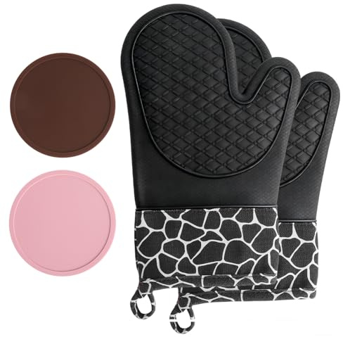 Silicone Gants de Cuisine, Gants de Barbecue Résistant à Chaleur 1 Paire et 2 Maniques, Parfait pour Grill BBQ Cuisine Four de Cuisson