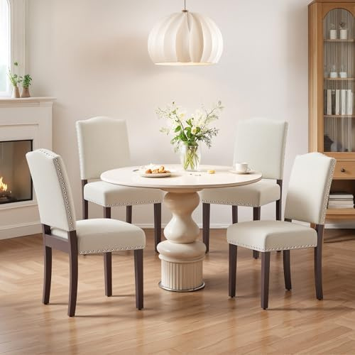 Upholstered Dining Chairs Set of 4 with Thickened Seat Cushion, Wooden Mid-Century Modern Fabric Farmhouse Kitchen Chairs for Dining Room Living/Restaurant/Reading Room(Beige)