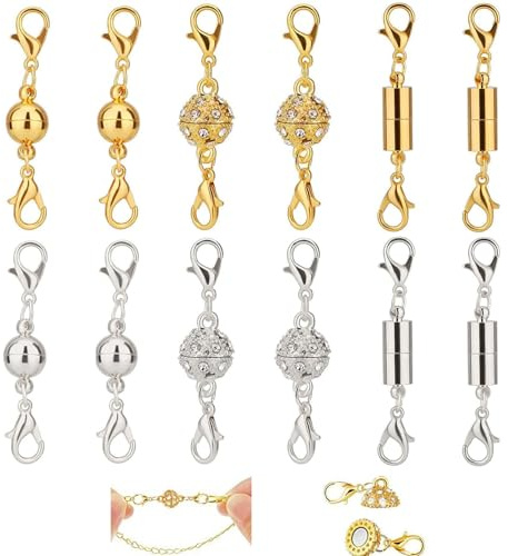 12 PCS Magnetic Necklace Clasps, Jewellery Clasps, Magnetic Clasps for Necklaces, Necklace Clasp, Gold and Silver Magnetic Closures for DIY Jewelry Making, Adjustable Length Fashion Accessories