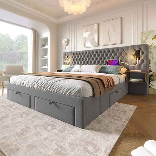 HYSZ Polsterbett,Doppelbett,Bettgestell,Bettanlage Schlafzimmer Komplett Set, mit 2 Nachttischen und 4 Schubladen, Kopfteil Leselicht mit USB Ladefunktion, Grau, Samt, 160×200 cm(Ohne Matratze)