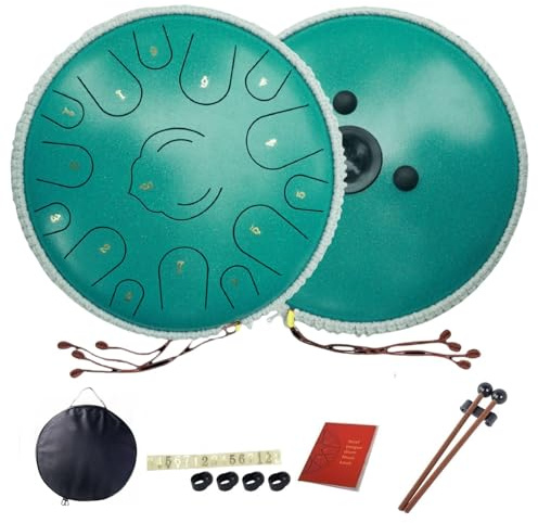 14 Zoll Stahlzungentrommel 15 Noten D-Dur Hand Pan Drum Yoga Drums Handpan Percussion Musikinstrumente mit Schlägel und Tragetasche (Malachitgrün)