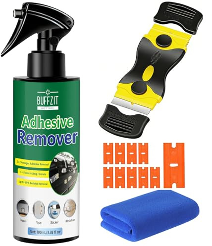 BUFFZIT Adhesive Remover for Cars, Automotive Adhesive Remover Spray Kit, Car Paint Safe Glue & Decal Remover for Vehicles, Removes Tape, Sticker & Residue, with Scraper, Razor & Towel, 3.38 fl oz