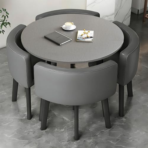 Runder Tisch und Stühle Set, Essgruppe 5-Teilig mit 90cm Grau Esstisch und 4 PU-Leder Esszimmerstuhl, Moderne Esszimmergruppe für Büro Bistro Café, Grau