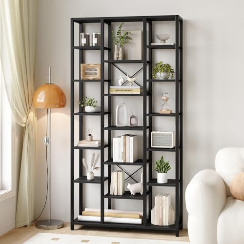 Hzuaneri Standregal, Bücherregal 202 cm, 7 Ebenen, Schwarz mit Holzmaserung | 30 x 100 x 202 cm, 18 offene Fächer, für Wohnzimmer Büro Schlafzimmer, Holzwerkstoff, BC15604B