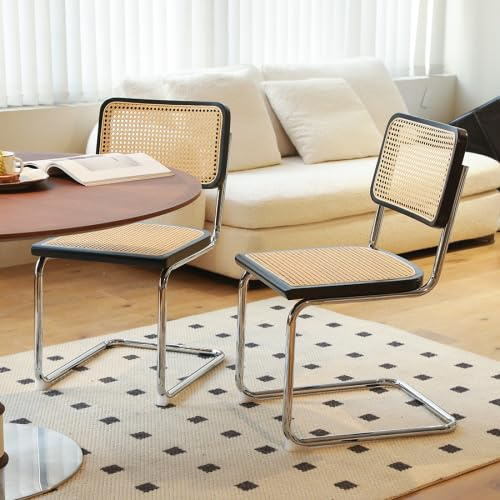 Bladez 4er Set Freischwinger Esszimmerstühle mit Wiener Geflecht & Holzoptik – Rattan Küchenstühle mit Chromgestell, Mid-Century Breuer Stil Cantilever Stühle für Esszimmer （ Schwarz + Holz）