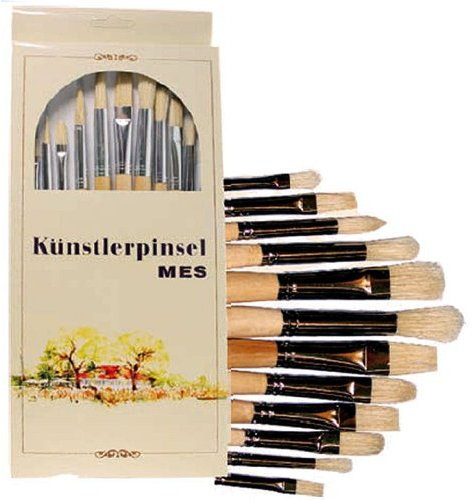 12er Set Borstenpinsel / Künstlerpinsel mit je 4 Stück Rundpinsel, Katzenzungenpinsel und Flachpinsel in verschiedenen Größen