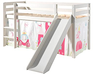 Spielbett inkl. Rutsche mit Textilset VorhangPrinces, Kiefer Massiv weiß
