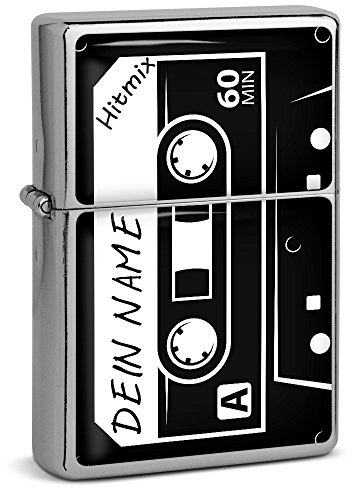 PhotoFancy® - Sturmfeuerzeug Set mit eigenem Namen Bedrucken Lassen - Design Kassette - Benzinfeuerzeug mit Doming-Druck inkl. Metall-Geschenkdose