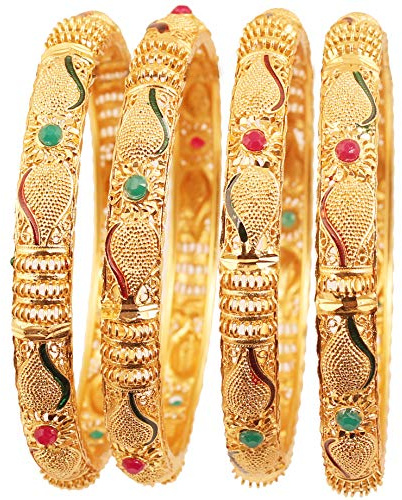 Touchstone NEW Golden Bangle Collection Indian Bollywood Desire Beautifully Carved Conch Shell Inspired Faux Ruby Emerald Thick Designer Jewelry Bangle Bracelets. Set of 4. In Gold Tone For Women.