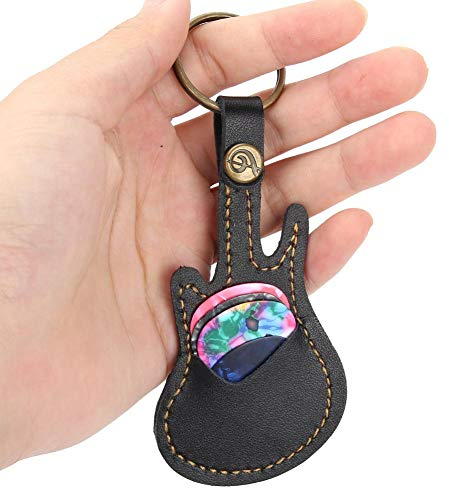 Bnineteenteam Gitarren-Plektrum-Halter, Gitarre Picks Tasche aus PU-Leder mit Schlüsselanhänger 5 bunten Plektren für Gitarristen(Schwarz)