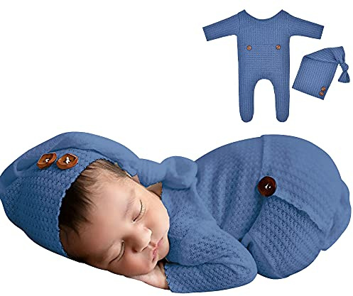 Winmany Baby Häkeln Strick Foto Fotografie Requisiten Outfits, 2PCS Neugeborene Foto Prop Strampler Hüte Kostüm Kleinkind Zubehör für 0-2 Monate (blau)