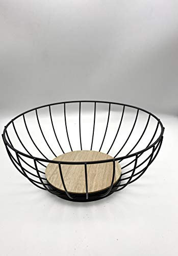 Excellent Houseware Obstkorb Obstschale Dekokorb Obst Aufbewahrung Vintage aus schwarzem Metall mit Holzboden Durchmesser: 28cm Höhe: 11,5cm
