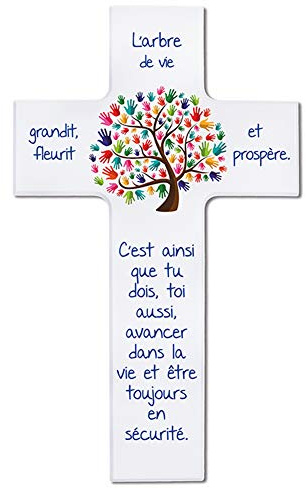 FRITZ COX Croix en bois avec inscription ABRE DE VIE Cadeau pour baptême (blanc, 15cm)