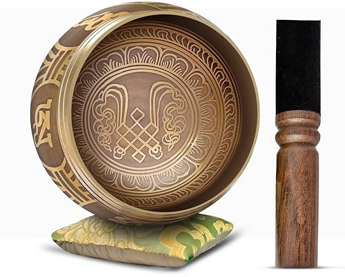 Tibetansk sång skålset – lätt att spela autentiskt handgjord för meditation ljudskål chakra yoga helande 10 cm av Himalaya Bazaar (guld och grön)