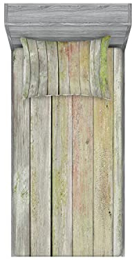 Ambesonne Fence 2 Pack Fitted Sheet & Pillow Sham Set, Old Rural Grungy Wooden Fence, 4 Pcs Bedding Decor, Package Contains 2 Twin XL Size Fitted Sheets & 2 Pillow Covers, Pale Sage Green